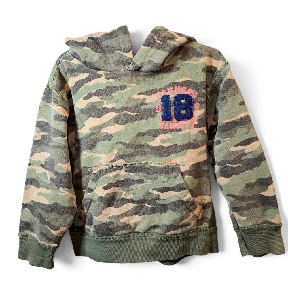 OshKosh Hoodie Boys Size 5 Green Camo Good Varsity 18 Pullover Fleece Sweatshirt